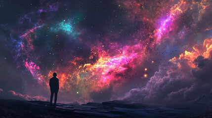 Landscape with colorfull acid Milky way galaxy and man silhuette looking at the sky.Generative AI.