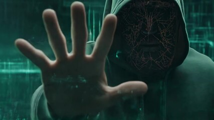 Leinwandbilder - Hacker showing stop sign with hand in digital environment