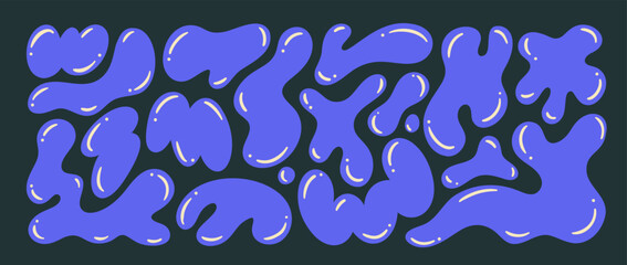 Aufkleber - Set of liquid organic shapes, irregular forms. Modern uneven blots, abstract organic amoeba blob shapes. Blue psychedelic curvy forms, wavy figures. Vector irregular round blot elements.