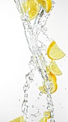 Fototapete - Super Slow Motion of Flying Lemon Slices in Water Splashes, White Background. Filmed on High Speed Cinema Camera, 1000 fps. Vertical Aspect Ratio. Speed Ramp Effect.