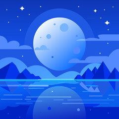 a stunning blue fantasy background featuring a glowing moon and twinkling stars reflecting over sere