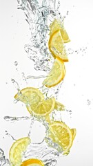 Fototapete - Super Slow Motion of Flying Lime Slices in Water Splashes, White Background. Filmed on High Speed Cinema Camera, 1000 fps. Vertical Aspect Ratio.