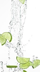 Fototapete - Super Slow Motion of Flying Lime Slices in Water Splashes, White Background. Filmed on High Speed Cinema Camera, 1000 fps. Vertical Aspect Ratio. Speed Ramp Effect.