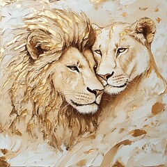 Fototapete - Lion and lioness embraced in golden tones with majestic beauty high resolution picture