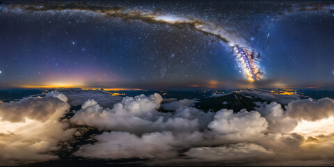 Wall Mural - Full 360 degrees seamless spherical panorama HDRI equirectangular projection of a cosmic nebula above the night clouds. Texture environment map for lighting and reflection source rendering 3d scenes.