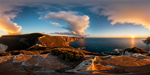 Wall Mural - Full 360 degrees seamless spherical panorama HDRI equirectangular projection of coastline with mountains and ocean. Texture environment map for lighting and reflection source rendering 3d scenes.