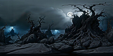 Wall Mural - Full 360 degrees seamless spherical panorama HDRI equirectangular projection of Dark forest with twisted, barren trees. Texture environment map for lighting and reflection source rendering 3d scenes.