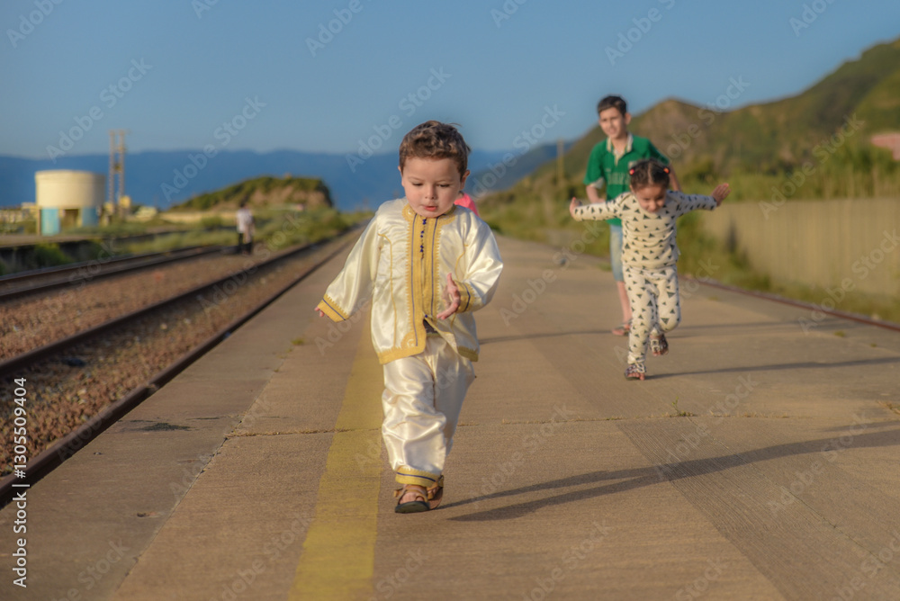 Eid clothes, Happy Muslim children in traditional dress on Eid day, A ...