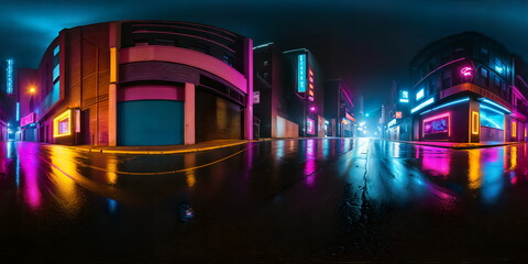 Wall Mural - Full 360 degrees seamless spherical panorama HDRI equirectangular projection of Cyberpunk Night City Tron Future. Texture environment map for lighting and reflection source rendering 3d scenes.