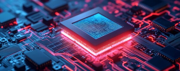 Futuristic microchip with glowing circuits.