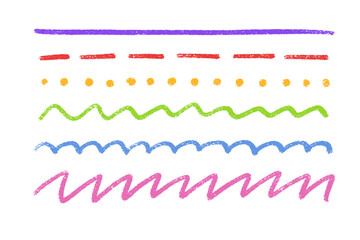 Wall Mural - colorful crayon underline set - purple line, red dashes, yellow dots, green zigzag, blue waves, pink