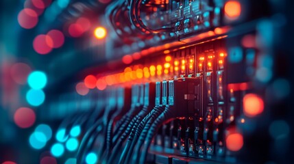 close-up view of network cables connected to tech equipment rack. colorful lights illuminate tech co
