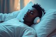 © Vladislava - Teenager, young African American person lying in bed with wireless sleep headphones eyes closed, listening to guided meditation. Night healthy routine, Modern calming atmosphere, soft glow, copyspace
