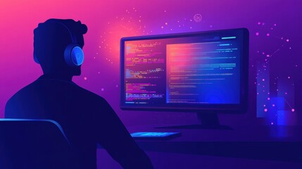 Abstract hacker behind a monitor with code, representing cybercrime, fraud, and a cybersecurity threat.