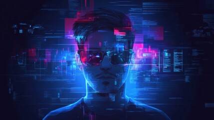 Abstract hacker behind a monitor with code, representing cybercrime, fraud, and a cybersecurity threat.