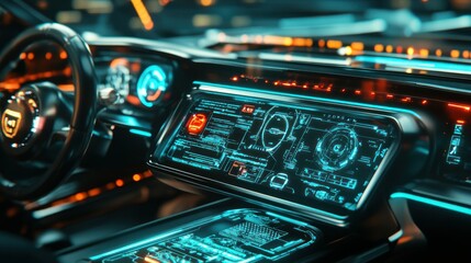 A futuristic car interior with illuminated digital display