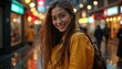 © Irina - Smiling young woman with cheerful mood walking in the rain on a vibrant street