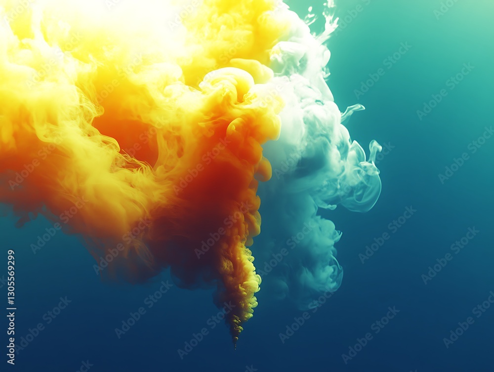 Fluid confluence of golden and milky ink into a vibrant blue depth ...