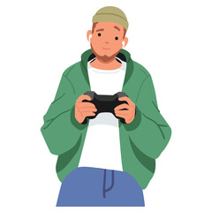Video game developer character playing gamepad holding console in hands engaged in testing process