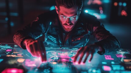 A man is interacting with a futuristic holographic display screen