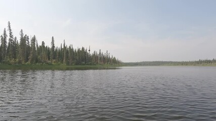 Wall Mural - Point of view from the front of a canoe while paddling along a northern river with a hazy sky
