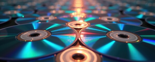 A vibrant array of cds arranged closely together, showcasing colorful reflections and intricate details, ideal for digital media themes, marketing, and technology illustrations.