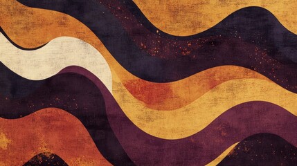 Wall Mural - Backdrop of psychedelic waves in vintage 70s hues with thick outlines and halftone effects
