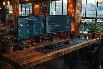 Coder's loft workspace, dual monitors