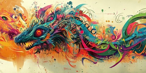 Wall Mural - an abstract vibrant illustration of a colorful mythical dragon creature