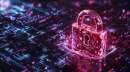 A digital padlock symbolizing cybersecurity and data protection, surrounded by glowing binary code in a futuristic setting. Resilience - Iceberg. Illustration