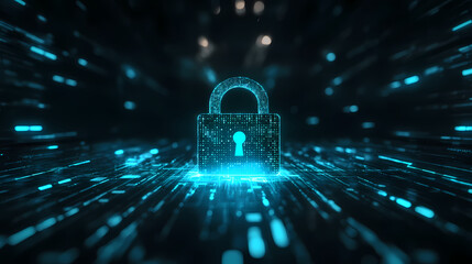 A digital padlock symbolizing cybersecurity and data protection, surrounded by glowing binary code in a futuristic setting. Resilience - Iceberg. Illustration