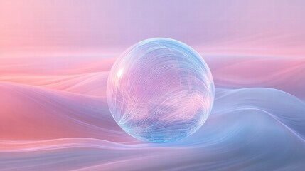 Poster - Soft waves of pastel colors create an ethereal background for a glowing sphere, symbolizing tranquility and creativity. Generative AI