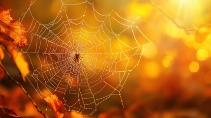 Wall Mural - Beautiful spider web in wild field with dew in morning in Spring.