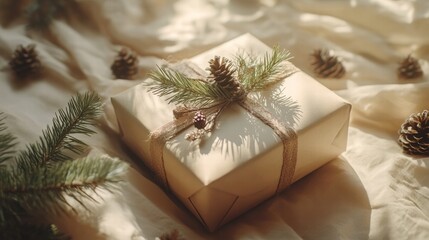 Poster - Beautifully wrapped gift with pine branches and pine cones on fabric background during festive season. Generative AI