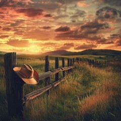 Aufkleber - Sunset over a rustic countryside landscape with a cowboy hat hanging on a wooden fence after a long day. Generative AI