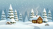 © Visions of Diversity - cozy winter landscape with a small wooden house covered in snow, glowing windows, pine trees, snowfall
