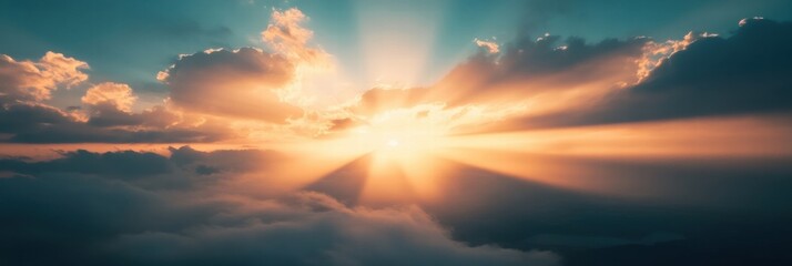 Aufkleber - Sunrise spreads golden light through clouds over a vast sky. Generative AI