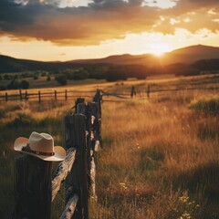 Poster - Sunset over a rustic landscape with a cowboy hat resting on a wooden fence. Generative AI