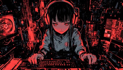 Cyberpunk Girl Gaming in Redlit City