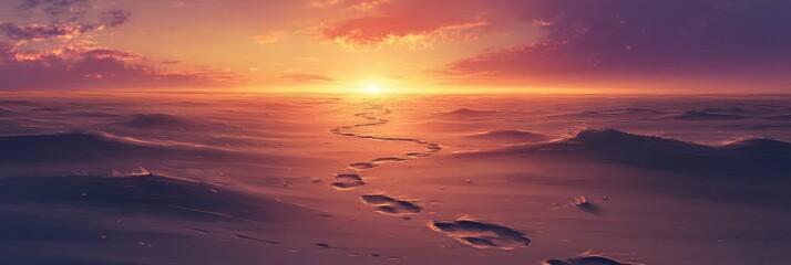Fototapete - Vibrant sunset over ocean waves with footprints leading towards the horizon. Generative AI