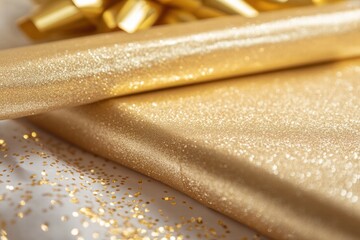 Poster - Sparkling gold wrapping paper and decorations create a festive atmosphere for celebration preparations. Generative AI