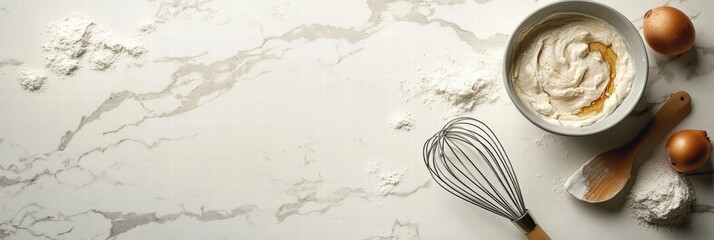 Aufkleber - Mixing ingredients for a cake with eggs and flour on a marble kitchen countertop. Generative AI
