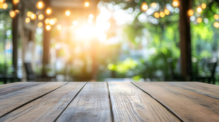 Aufkleber - Wooden table top with blurred cafe lights and green garden in the background providing a space for product placement