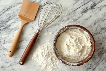 Aufkleber - Flour, whisk, and spatula arranged on a marble countertop for baking preparations in a home kitchen. Generative AI