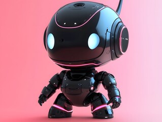 robot with a pink background. the robot is black and has a blue light on its head