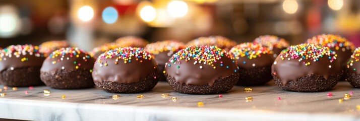 Aufkleber - Delicious chocolate covered donuts topped with colorful sprinkles served at a bakery during afternoon hours. Generative AI