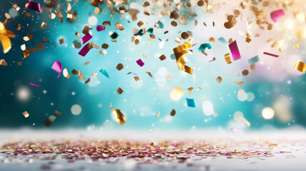 Poster - Soft turquoise backdrop featuring colorful confetti falling, generating vibrant celebration mood