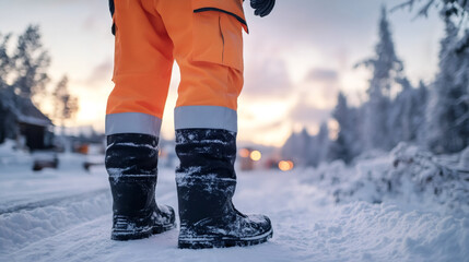 Poster - Road worker standing on snowy road at sunset wearing high visibility clothing and snow boots, observing winter road conditions