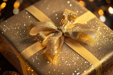 Poster - Shimmering golden gift box wrapped with a sparkling ribbon ready for celebration during festive season. Generative AI