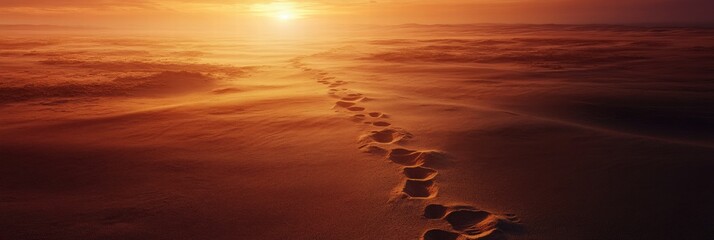 Aufkleber - Footprints on the beach at sunset reveal a tranquil journey along the shoreline. Generative AI